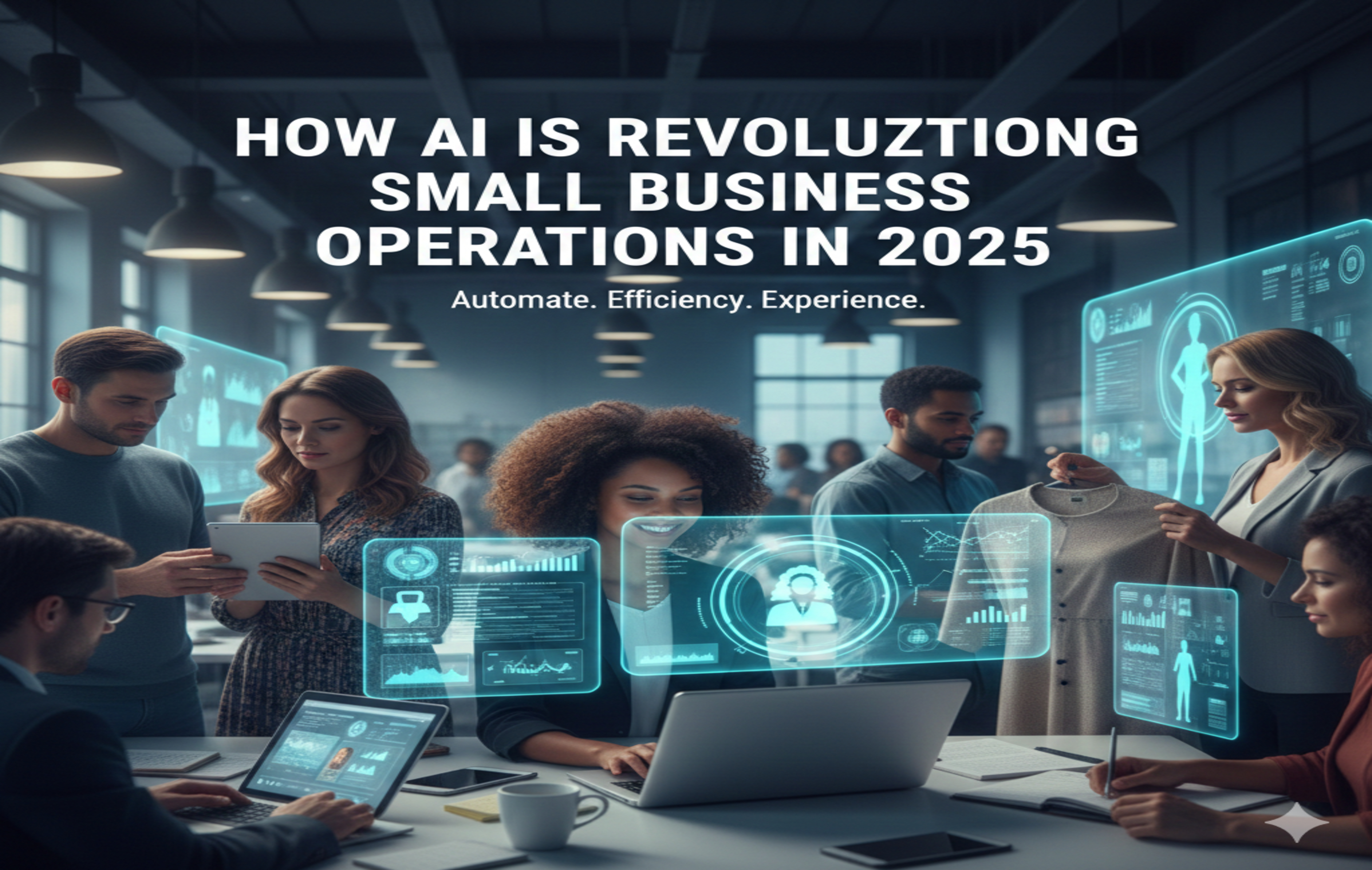 Small business team using AI-driven holographic data to automate tasks and increase efficiency in 2025.