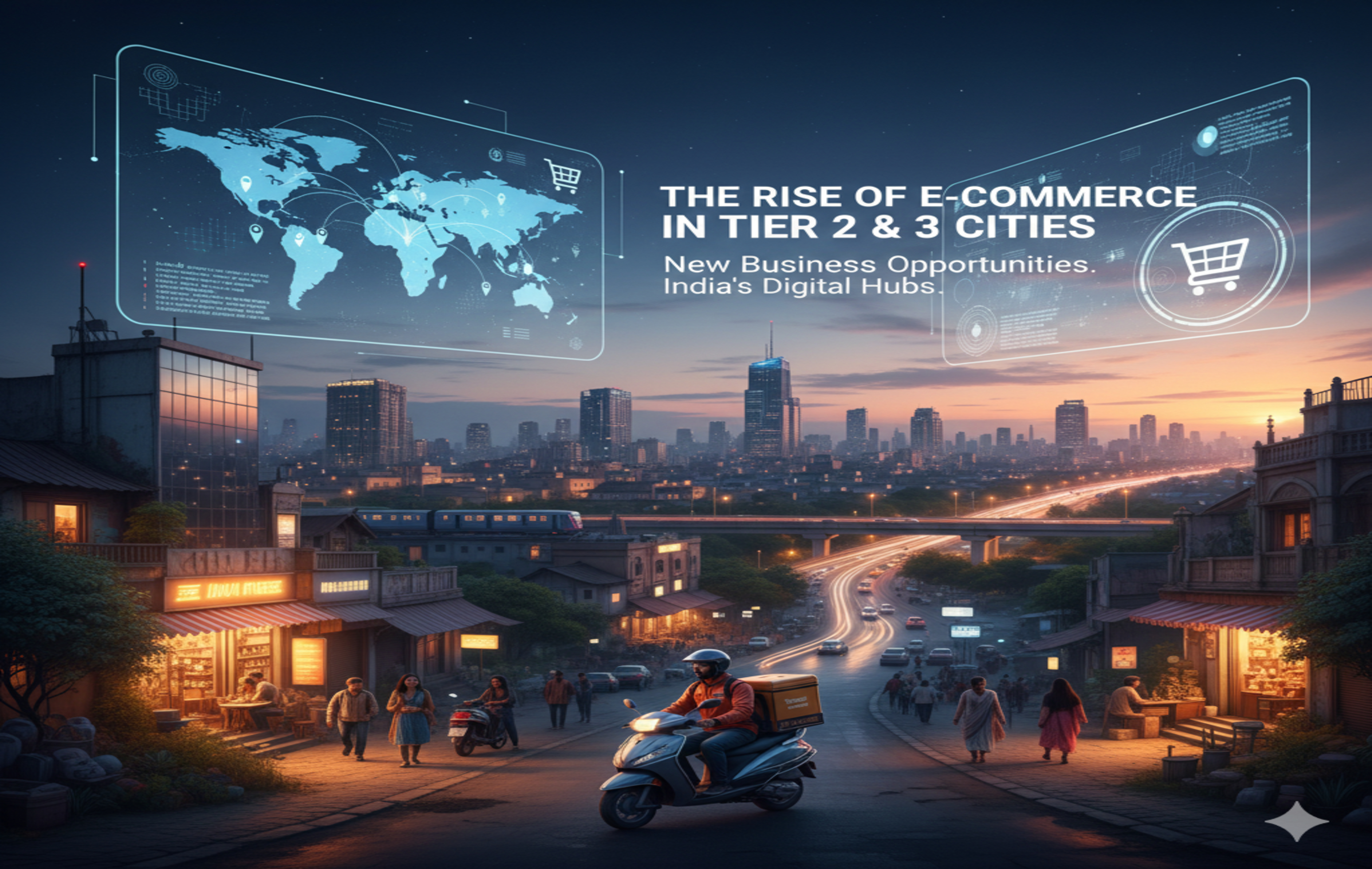 Map highlighting Tier 2 and Tier 3 cities with e-commerce icons, symbolizing new online business opportunities beyond metro areas.