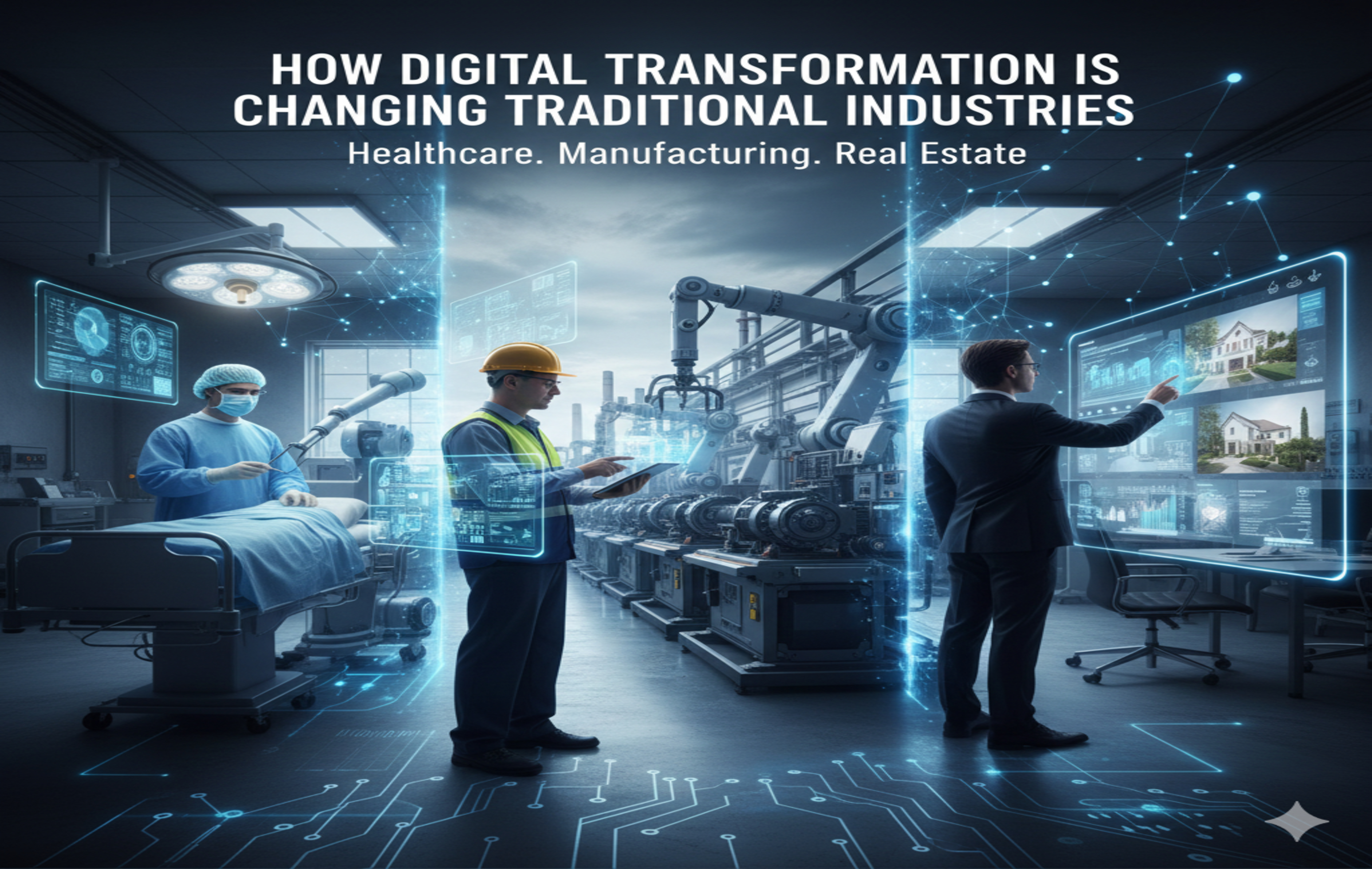 Digital transformation concept: a business team working with holographic data displays, symbolizing the change in traditional industries like healthcare and real estate.