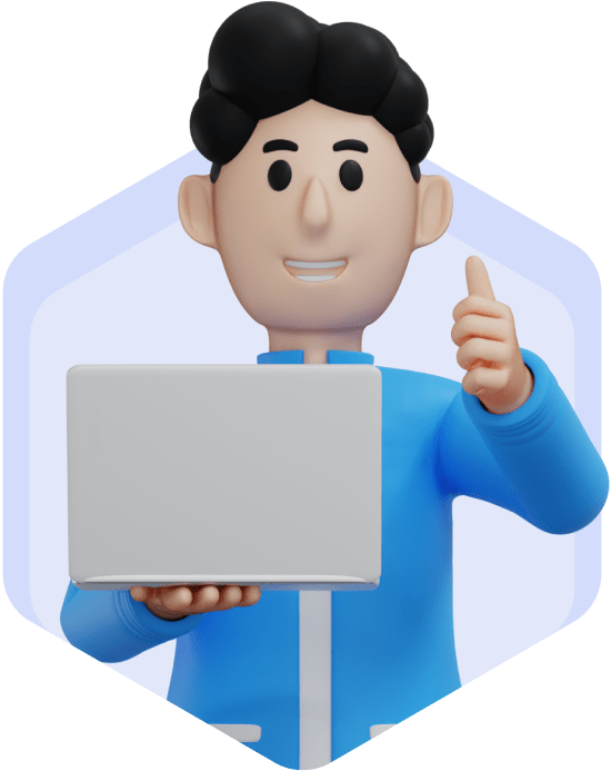 Smiling 3D illustration of a person holding a laptop and giving a thumbs up, representing expert software solutions and reliable support.