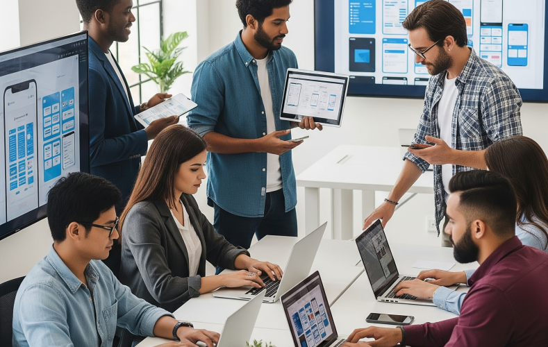 Developers working on mobile app interface.