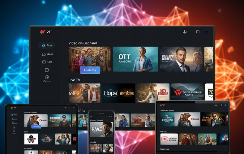 A modern OTT platform interface on a smart TV, surrounded by a tablet, smartphone, and laptop displaying streaming content, symbolizing multi-device accessibility for video-on-demand and live TV, with an abstract tech background.